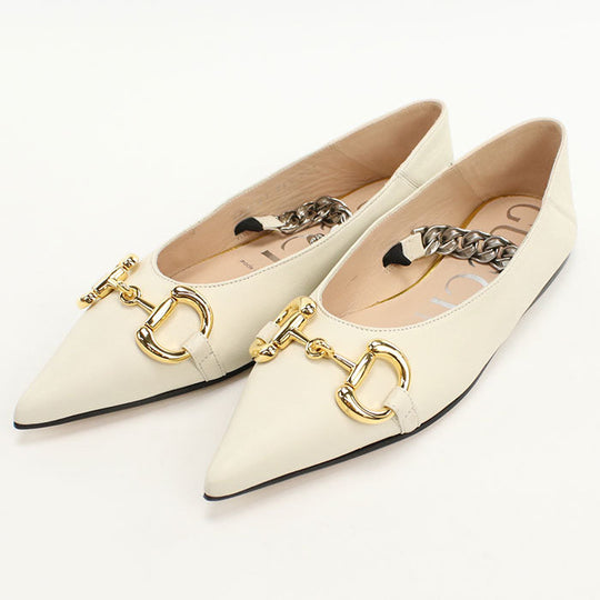 GUCCI 621161 pumps Horsebit Chain pointed toe flats leather white Women