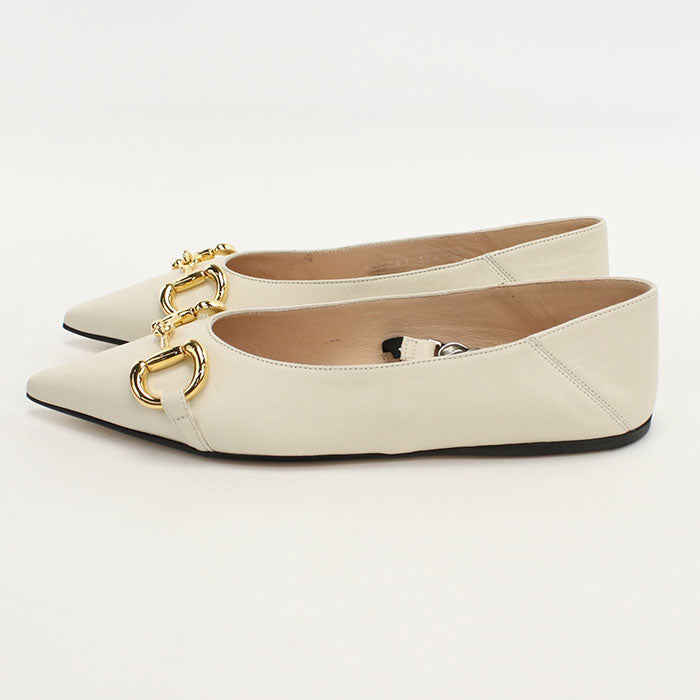 GUCCI 621161 pumps Horsebit Chain pointed toe flats leather white Women