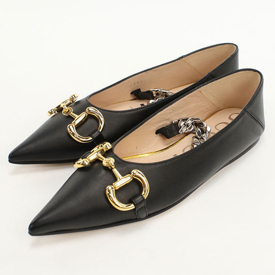 GUCCI 621161 pumps Horsebit Chain pointed toe flats leather black Women