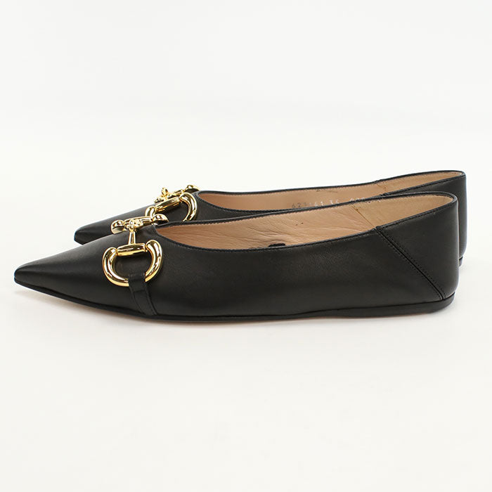GUCCI 621161 pumps Horsebit Chain pointed toe flats leather black Women