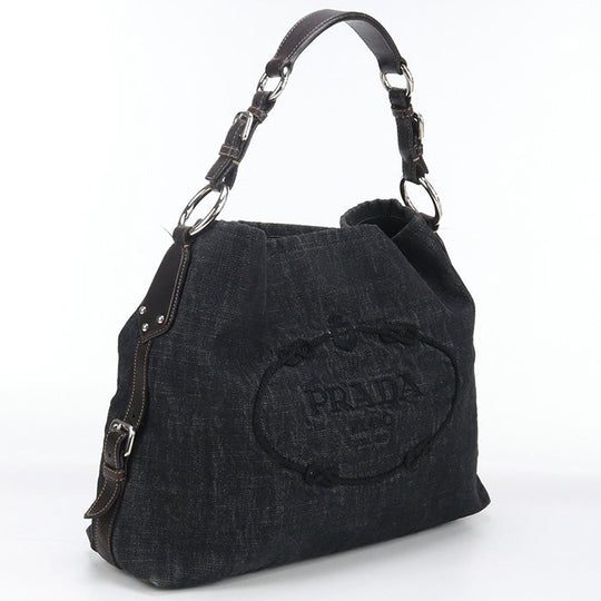 PRADA BR3394 Shoulder bag Logo embroidery One Shoulder Bag denim, leather black Women