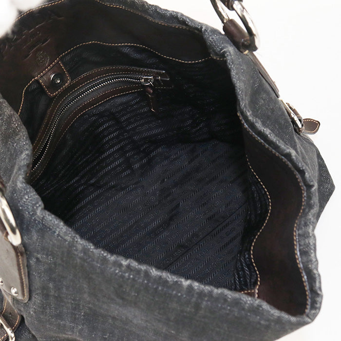 PRADA BR3394 Shoulder bag Logo embroidery One Shoulder Bag denim, leather black Women