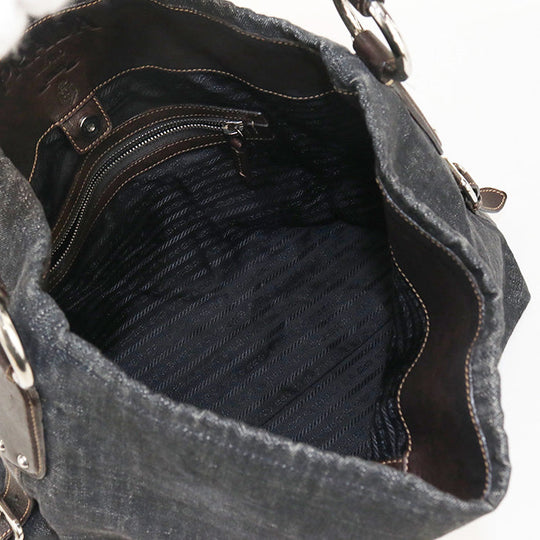 PRADA BR3394 Shoulder bag Logo embroidery One Shoulder Bag denim, leather black Women